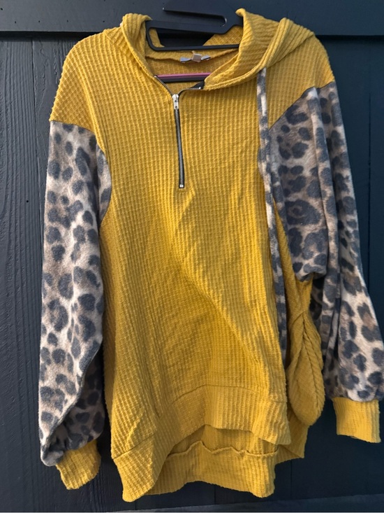 white birch Tops - white birch Mustard Yellow Waffle Knit Hoodie with Leopard Print Sleeves